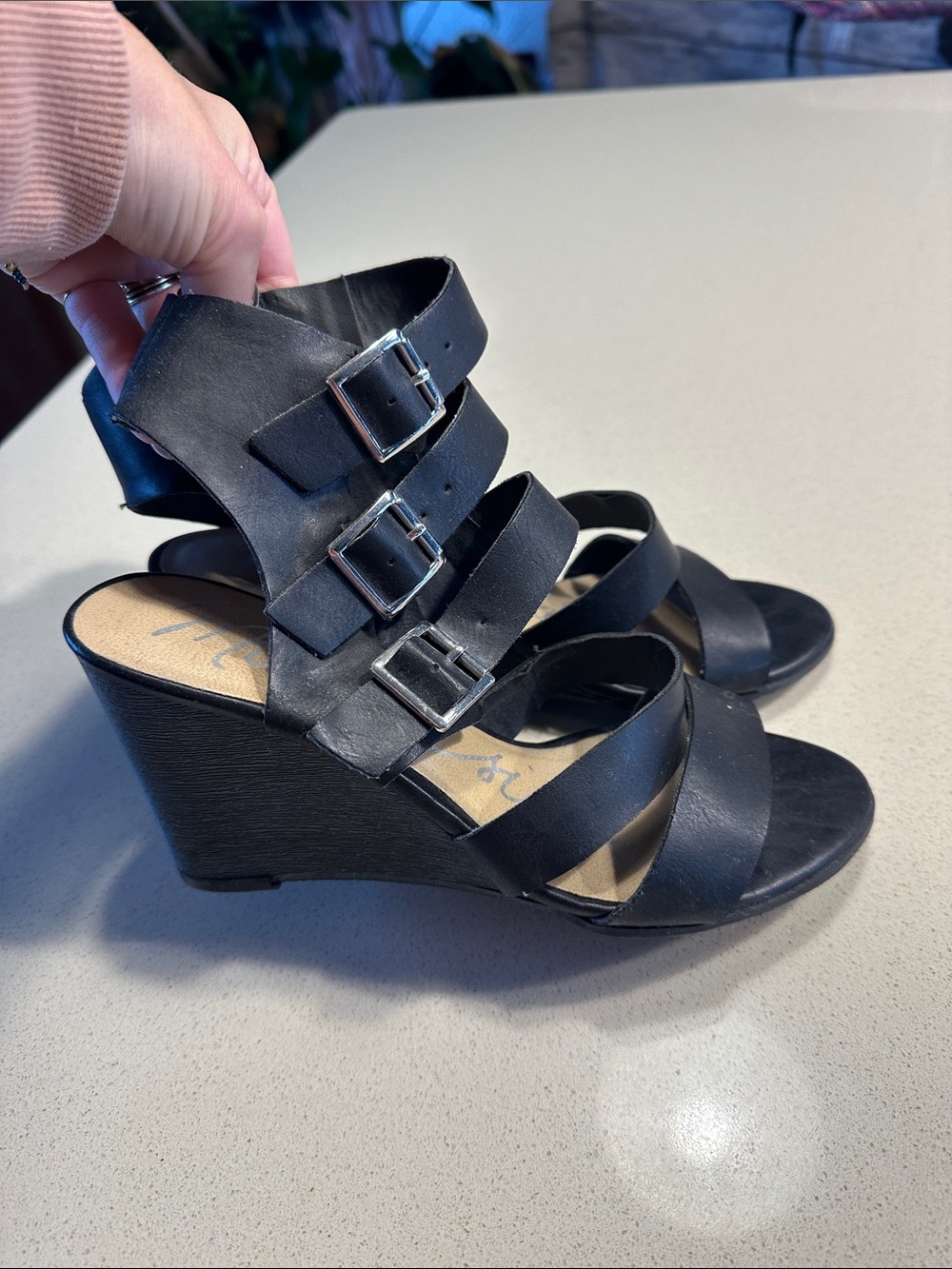 Black Triple-Buckle Wedge Sandals — Women's Strappy Comfort